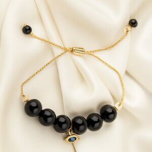 Black Onyx Bead Bracelet – Gold Adjustable Chain with Blue Evil Eye Gem Charm
